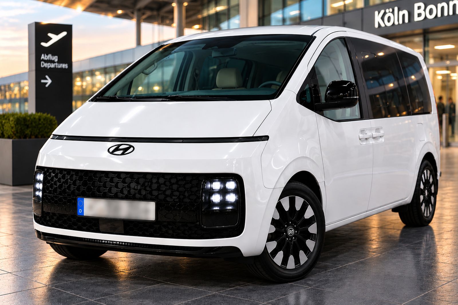 Weißer Hyundai Staria von TaxiRond vor dem Terminal am Flughafen Köln/Bonn